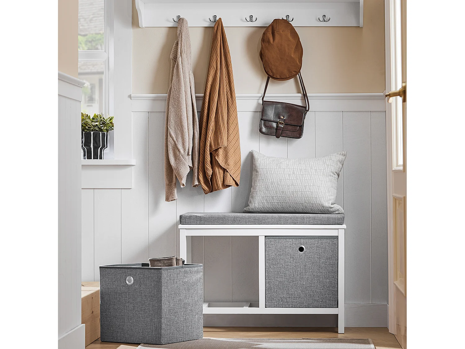 SoBuy Panca scarpiera Cassapanca da Interno Mobile Bagno con 2 cestini Bianco e Grigio L70*P30*A50cm FSR81-HG