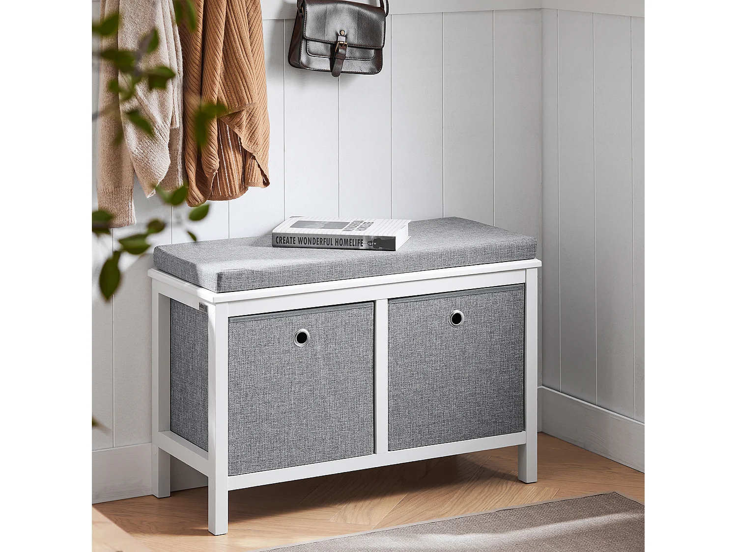 SoBuy Panca scarpiera Cassapanca da Interno Mobile Bagno con 2 cestini Bianco e Grigio L70*P30*A50cm FSR81-HG