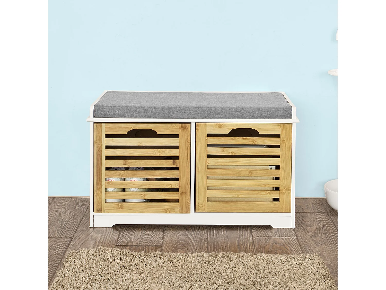 SoBuy  Scarpiera da ingresso Panchina con Cuscino e Cestini 2 Cestini Legno FSR23-K-WN