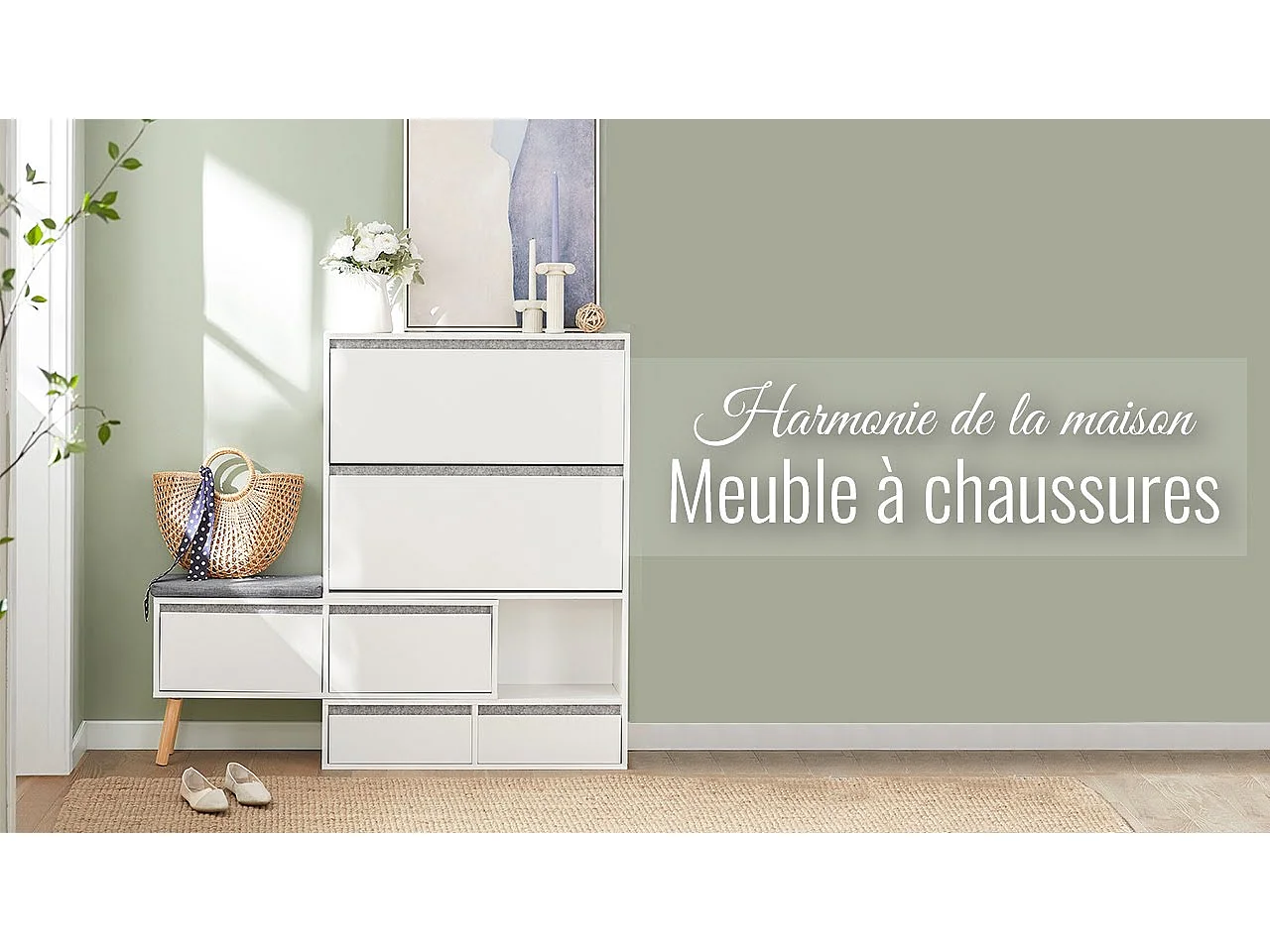 Meuble à Chaussures, Armoire à Chaussures avec 1 Banc de Rangement Amovible sur Pieds, FSR134-W