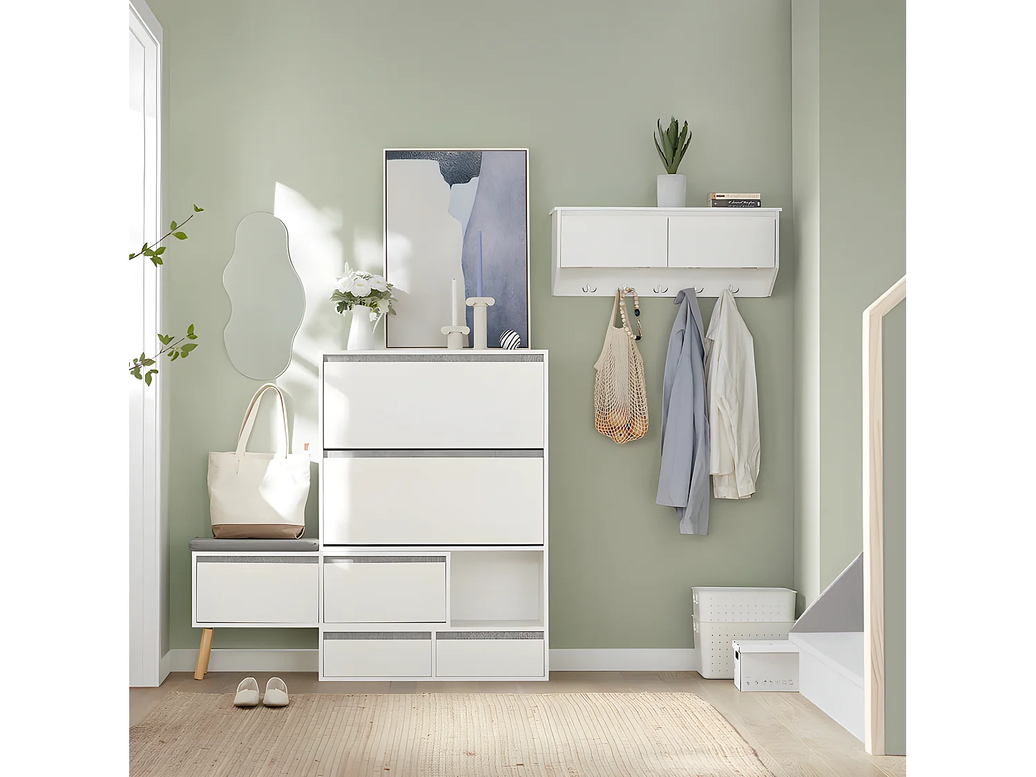 Meuble à Chaussures, Armoire à Chaussures avec 1 Banc de Rangement Amovible sur Pieds, FSR134-W