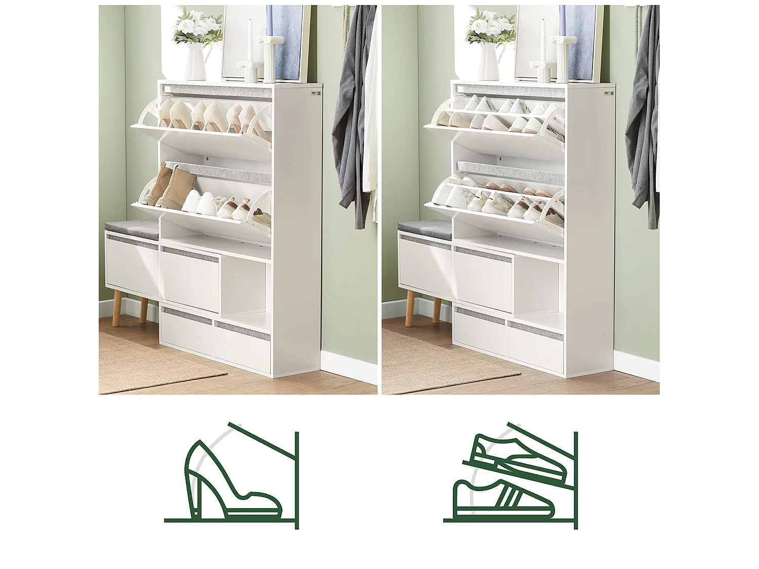 Meuble à Chaussures, Armoire à Chaussures avec 1 Banc de Rangement Amovible sur Pieds, FSR134-W