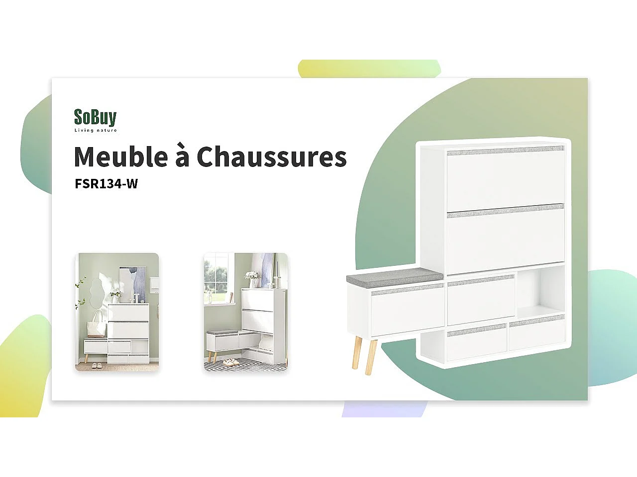 Meuble à Chaussures, Armoire à Chaussures avec 1 Banc de Rangement Amovible sur Pieds, FSR134-W