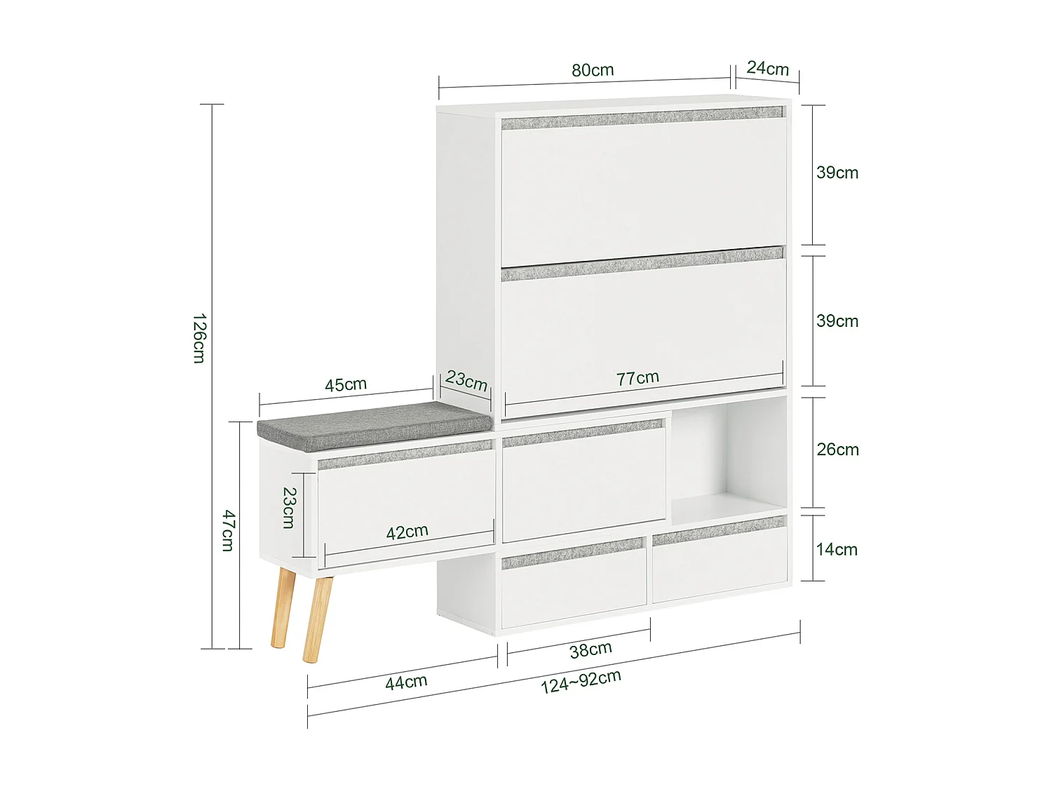 Meuble à Chaussures, Armoire à Chaussures avec 1 Banc de Rangement Amovible sur Pieds, FSR134-W