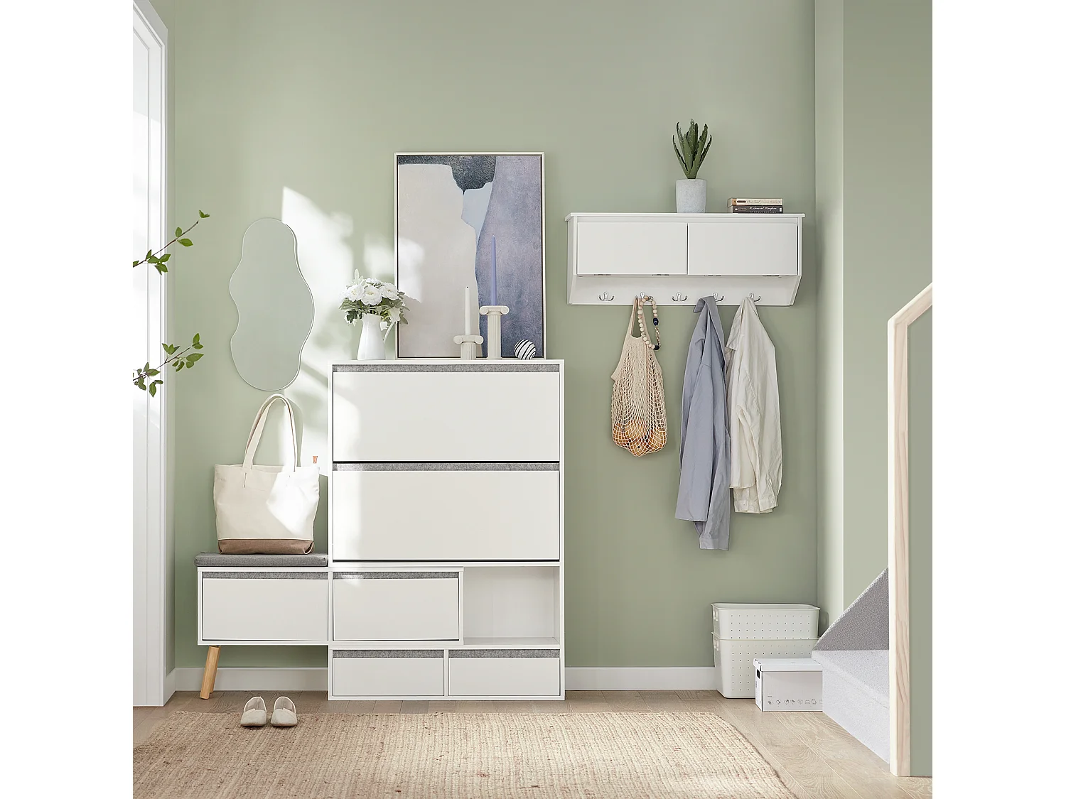 Meuble à Chaussures, Armoire à Chaussures avec 1 Banc de Rangement Amovible sur Pieds, FSR134-W