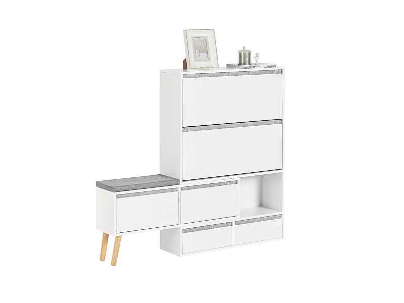 Meuble à Chaussures, Armoire à Chaussures avec 1 Banc de Rangement Amovible sur Pieds, FSR134-W