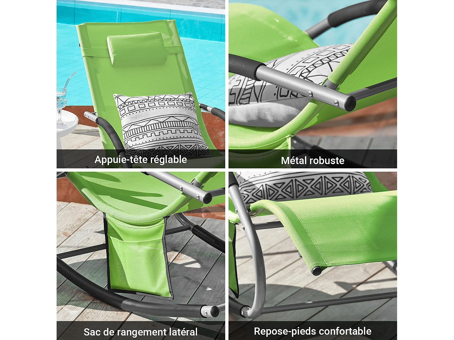 SoBuy OGS28-GRx2 Lot de 2 Bain de Soleil Chaise Longue Fauteuil à Bascule avec Pochette