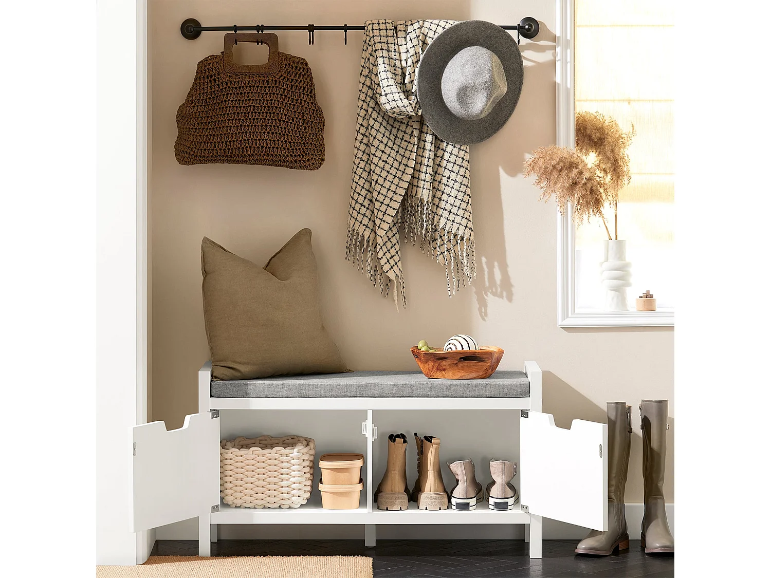 Mueble recibidor Zapatero con Perchero Gris+Blanco, FSR63-W+FRG282-W SoBuy ES