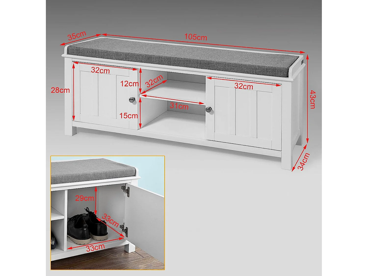Mueble recibidor Zapatero con Perchero Gris+Blanco, FSR35-W+FRG282-W SoBuy ES