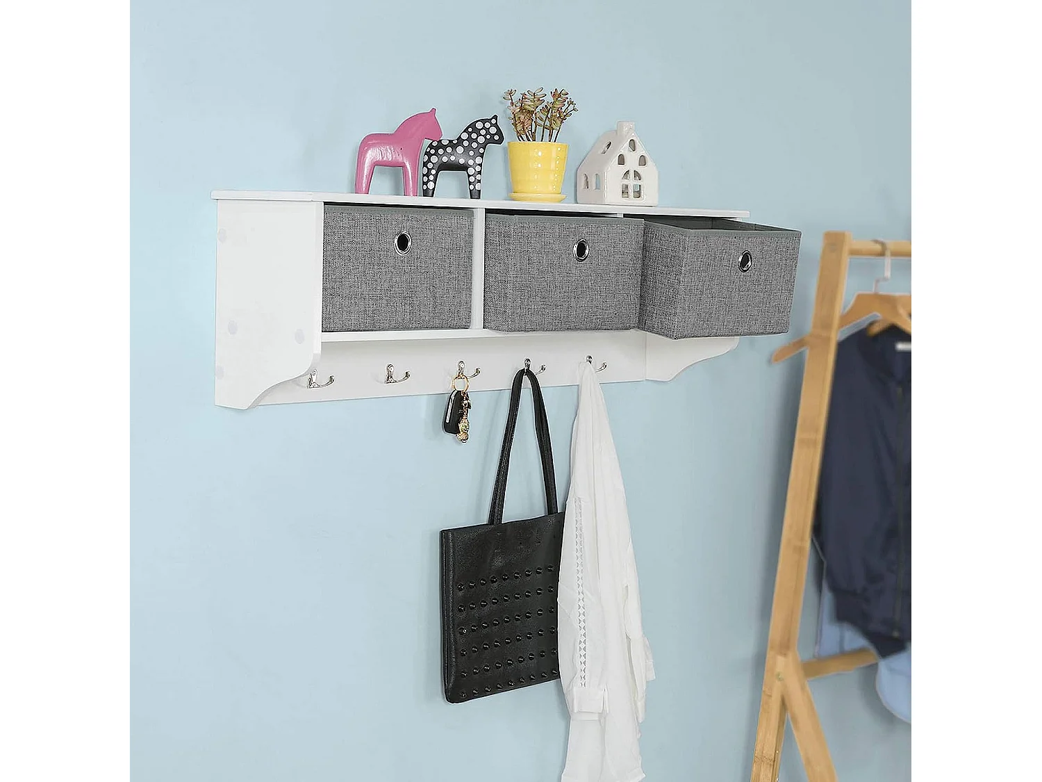 Mueble recibidor Zapatero con Perchero Gris+Blanco, FSR35-W+FRG282-W SoBuy ES