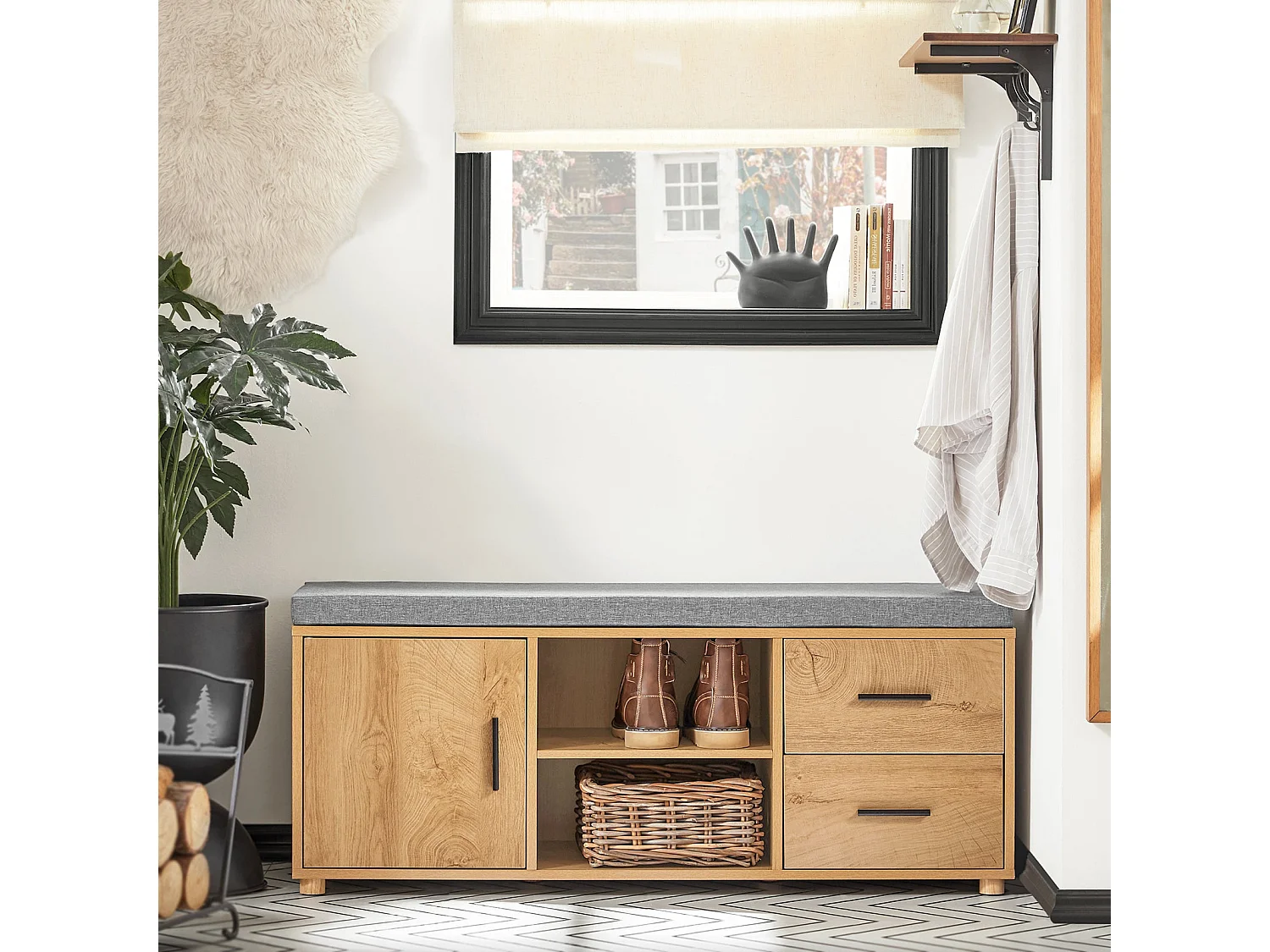 SoBuy FSR148-N Schoenenbank Schoenenkast Schoenenrek Entree Lage Kast met 2 Planken, 1 Deur en 2 Lades