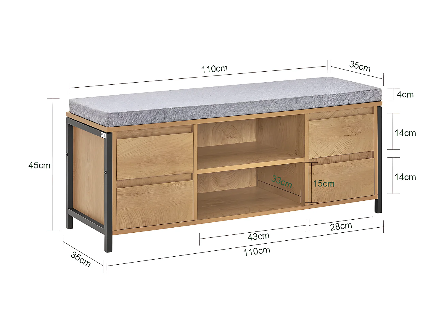 SoBuy FSR149-N Schoenenbank Schoenenkast Schoenenrek Lage Kast Opbergbank Opbergkast Opbergrek met 2 Planken en 2 Lades