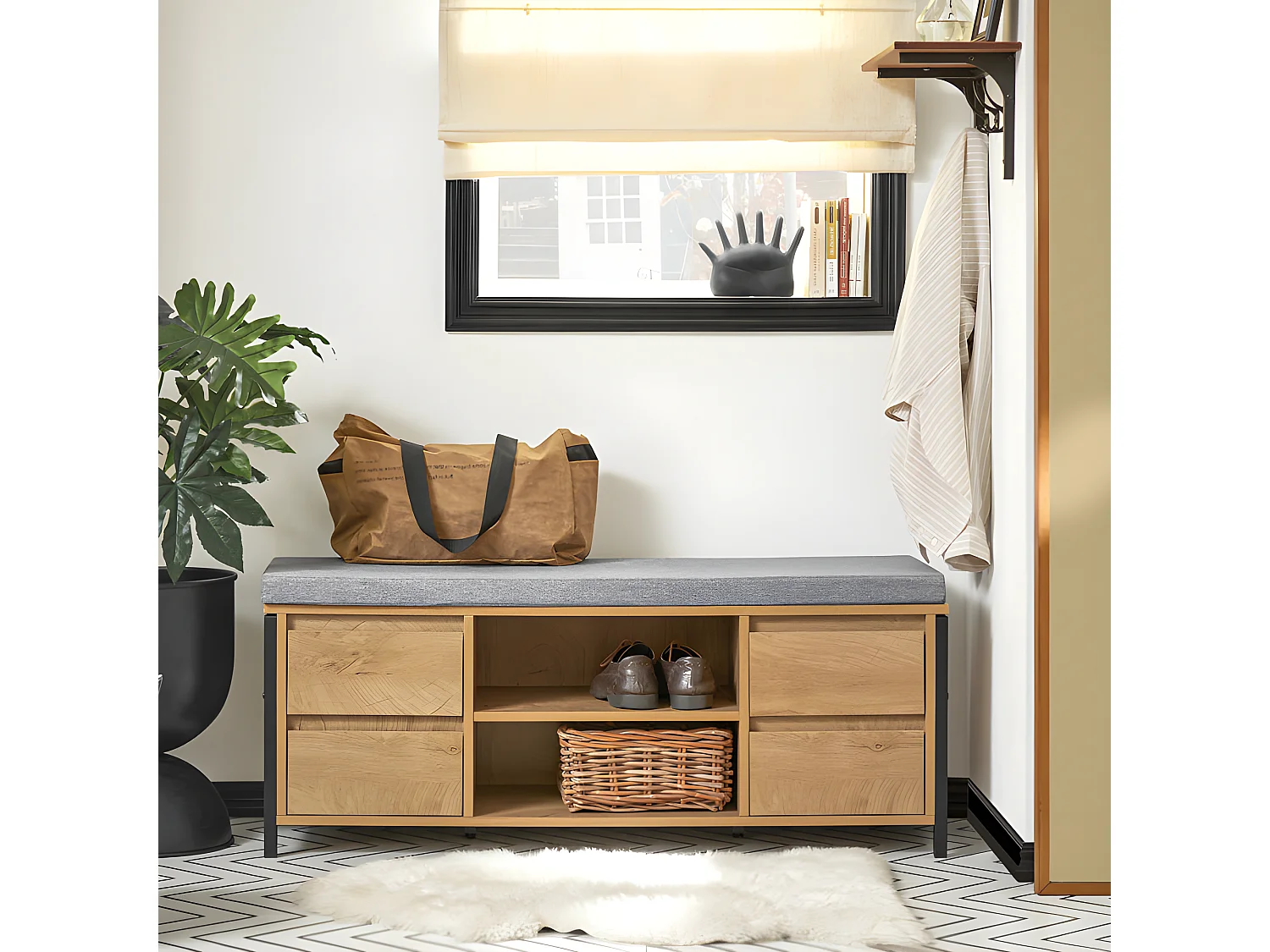 SoBuy FSR149-N Schoenenbank Schoenenkast Schoenenrek Lage Kast Opbergbank Opbergkast Opbergrek met 2 Planken en 2 Lades