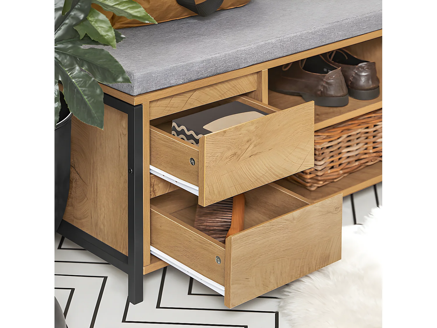 SoBuy FSR149-N Schoenenbank Schoenenkast Schoenenrek Lage Kast Opbergbank Opbergkast Opbergrek met 2 Planken en 2 Lades
