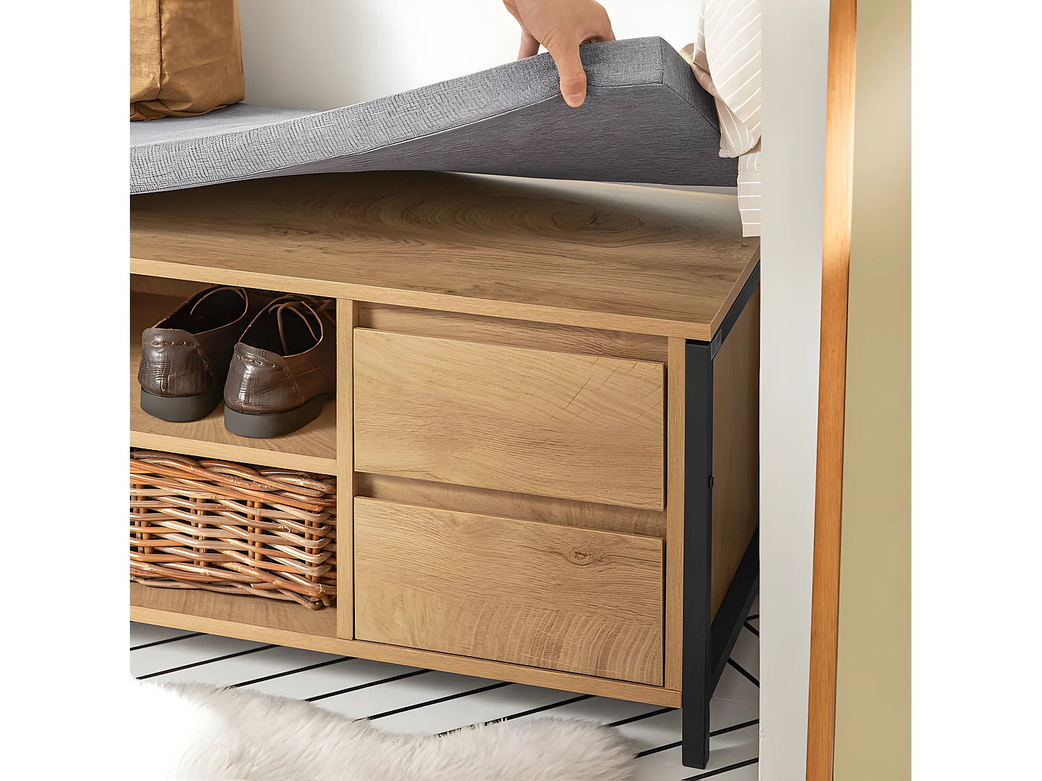 SoBuy FSR149-N Schoenenbank Schoenenkast Schoenenrek Lage Kast Opbergbank Opbergkast Opbergrek met 2 Planken en 2 Lades