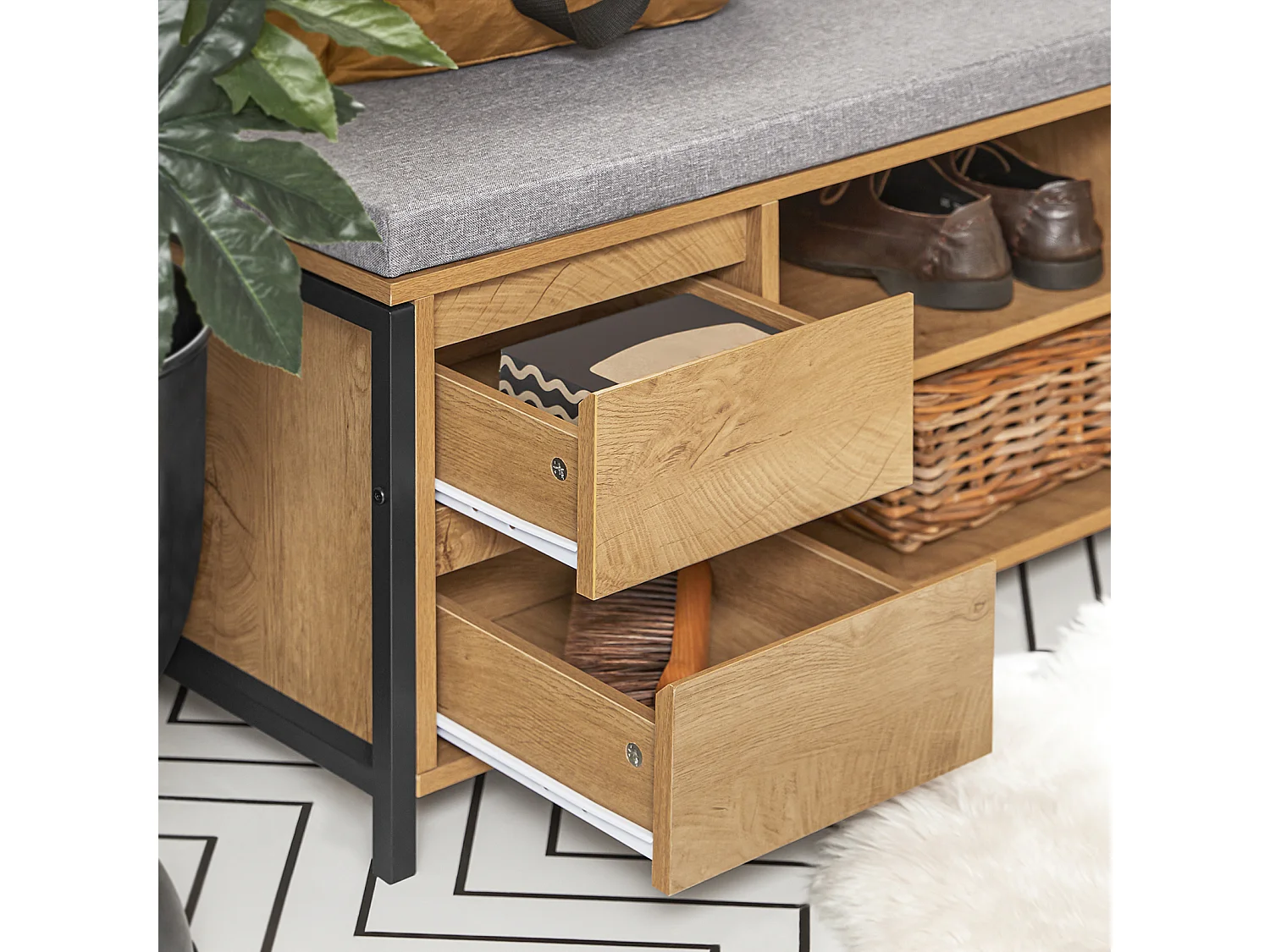 SoBuy FSR149-N Schoenenbank Schoenenkast Schoenenrek Lage Kast Opbergbank Opbergkast Opbergrek met 2 Planken en 2 Lades