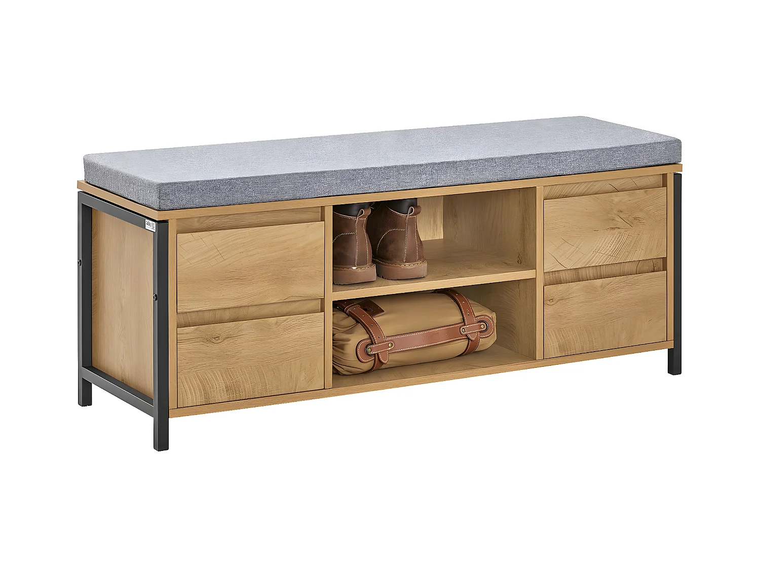 Banc de Rangement à Chaussure Meuble d'entrée Rangement avec Coussin et Tiroirs, Noir-Naturel