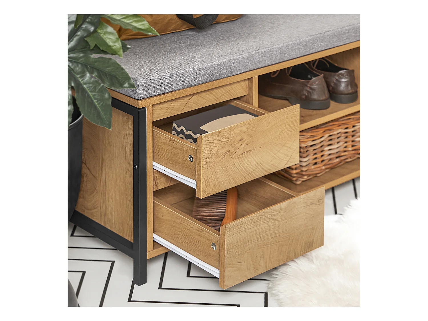 SoBuy FSR149-N Schoenenbank Schoenenkast Schoenenrek Lage Kast Opbergbank Opbergkast Opbergrek met 2 Planken en 2 Lades