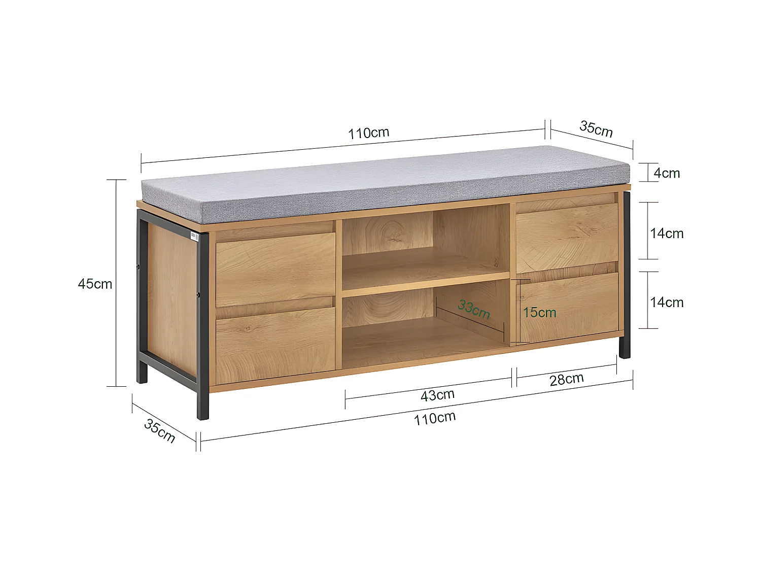 SoBuy FSR149-N Schoenenbank Schoenenkast Schoenenrek Lage Kast Opbergbank Opbergkast Opbergrek met 2 Planken en 2 Lades