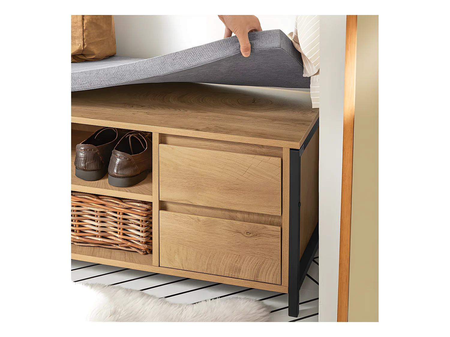 SoBuy FSR149-N Schoenenbank Schoenenkast Schoenenrek Lage Kast Opbergbank Opbergkast Opbergrek met 2 Planken en 2 Lades