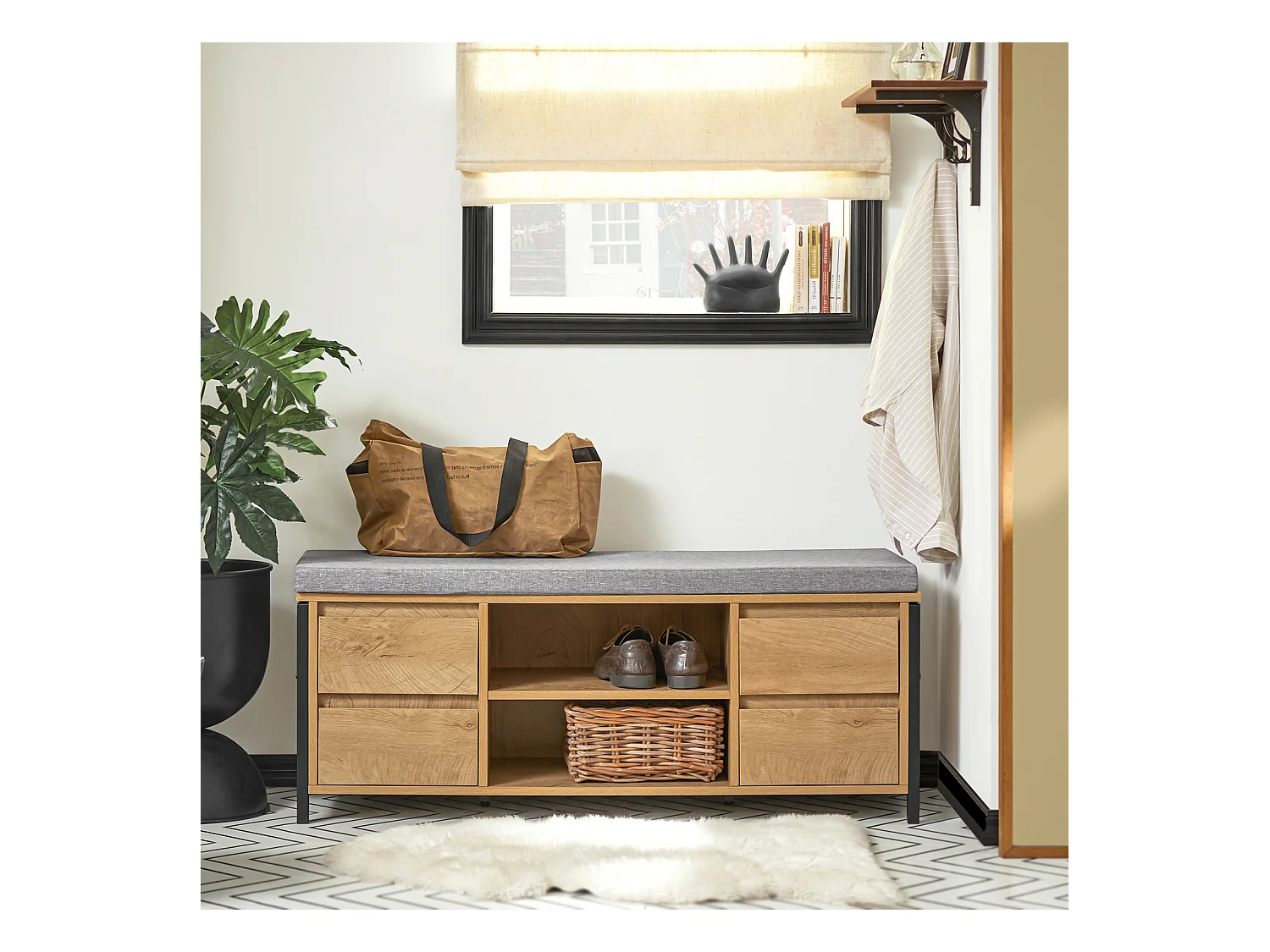 SoBuy FSR149-N Schoenenbank Schoenenkast Schoenenrek Lage Kast Opbergbank Opbergkast Opbergrek met 2 Planken en 2 Lades