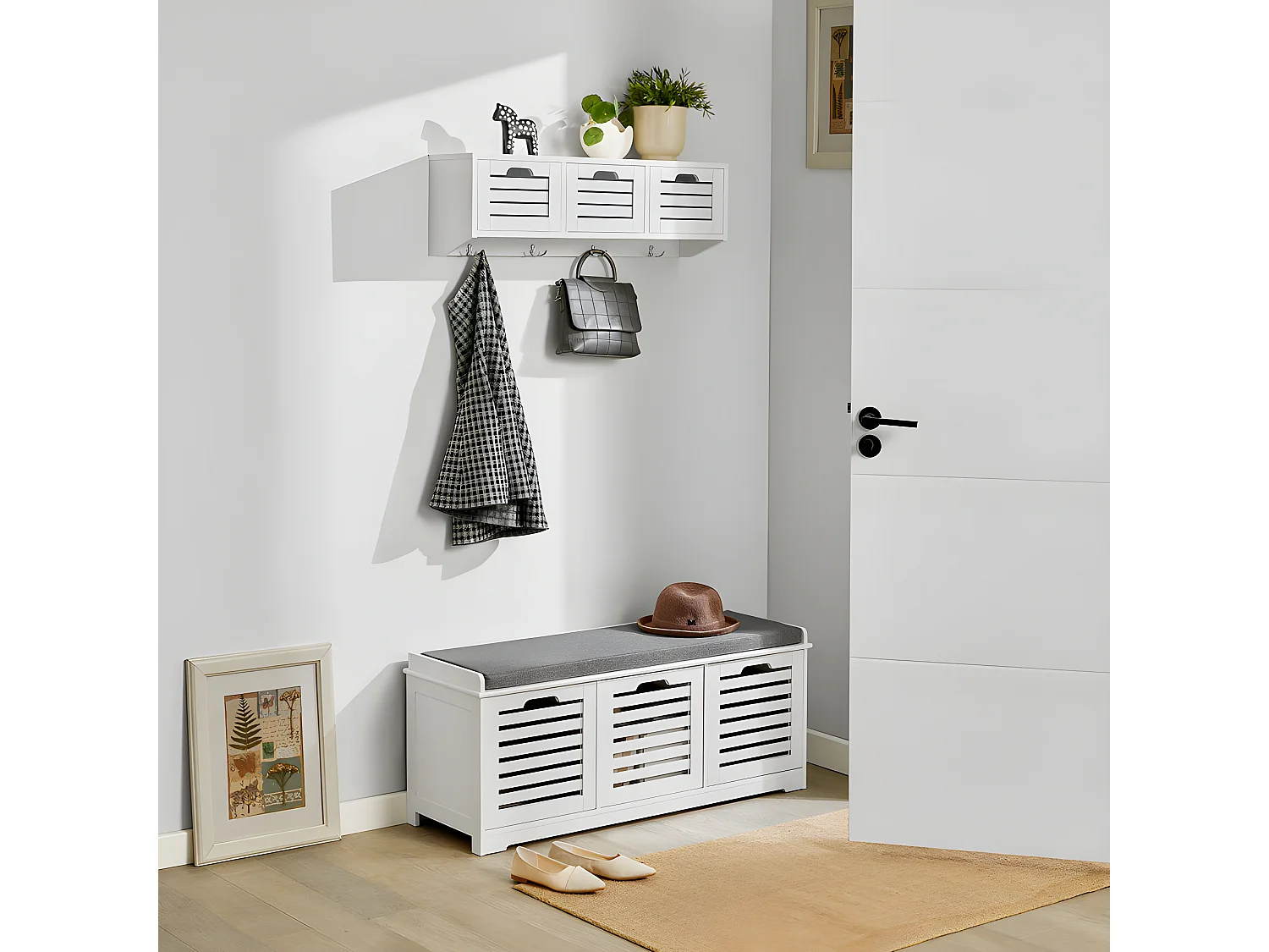 Mueble Recibidor Set de 1 Banco Zapatero y 1 Estante de Pared FSR23-W+FHK19-W SoBuy ES