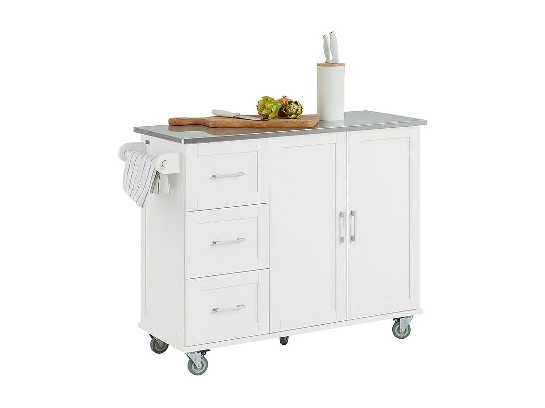 SoBuy FKW30-II-W Desserte sur roulettes, Meuble Chariot de Cuisine de Service Roulant avec 3 tiroir et 1 Grande  Plateau en Acier INOX