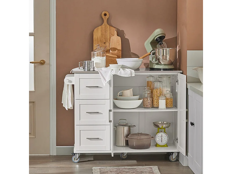 SoBuy FKW30-II-W Desserte sur roulettes, Meuble Chariot de Cuisine de Service Roulant avec 3 tiroir et 1 Grande  Plateau en Acier INOX