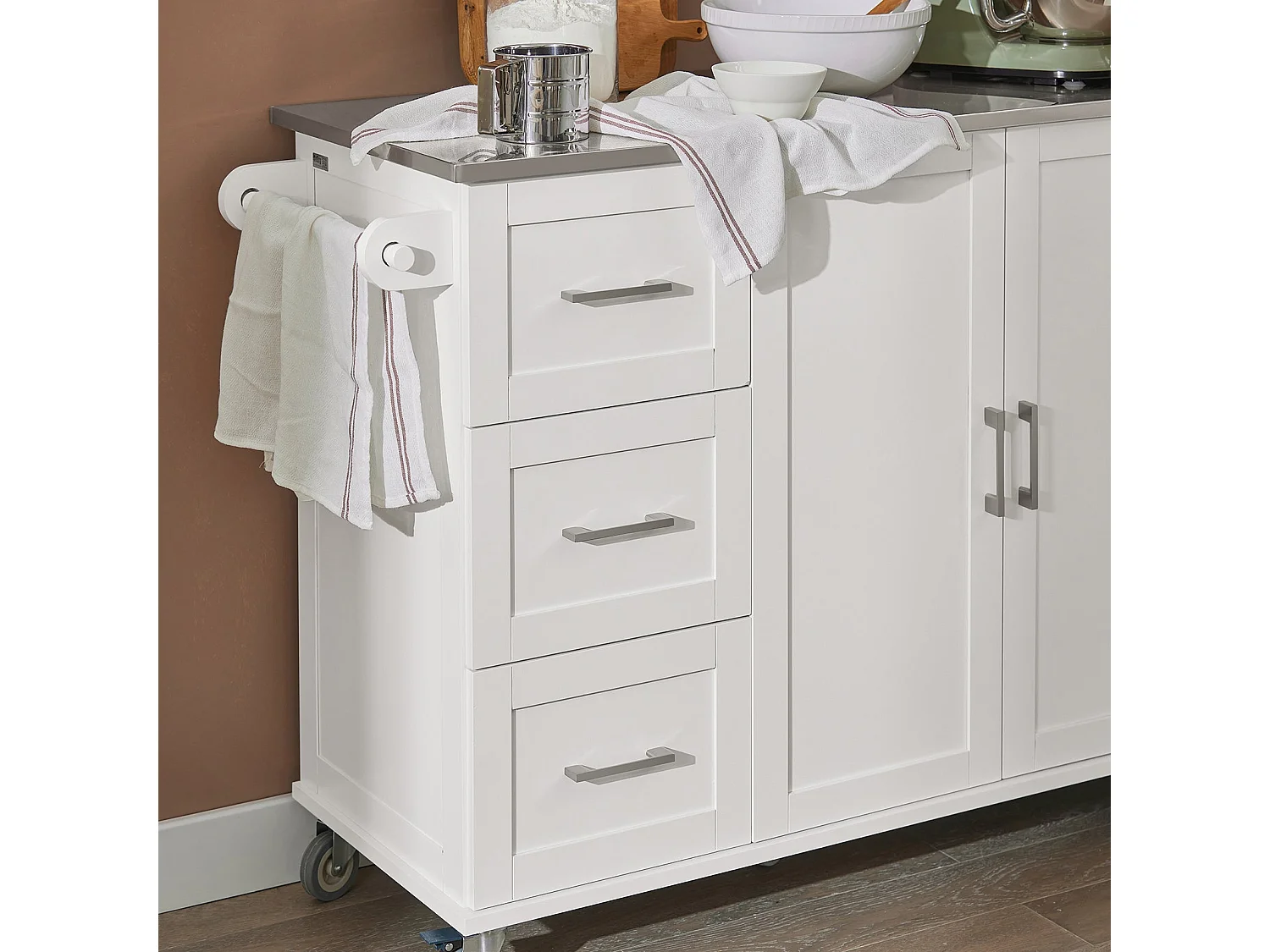 SoBuy FKW30-II-W Desserte sur roulettes, Meuble Chariot de Cuisine de Service Roulant avec 3 tiroir et 1 Grande  Plateau en Acier INOX