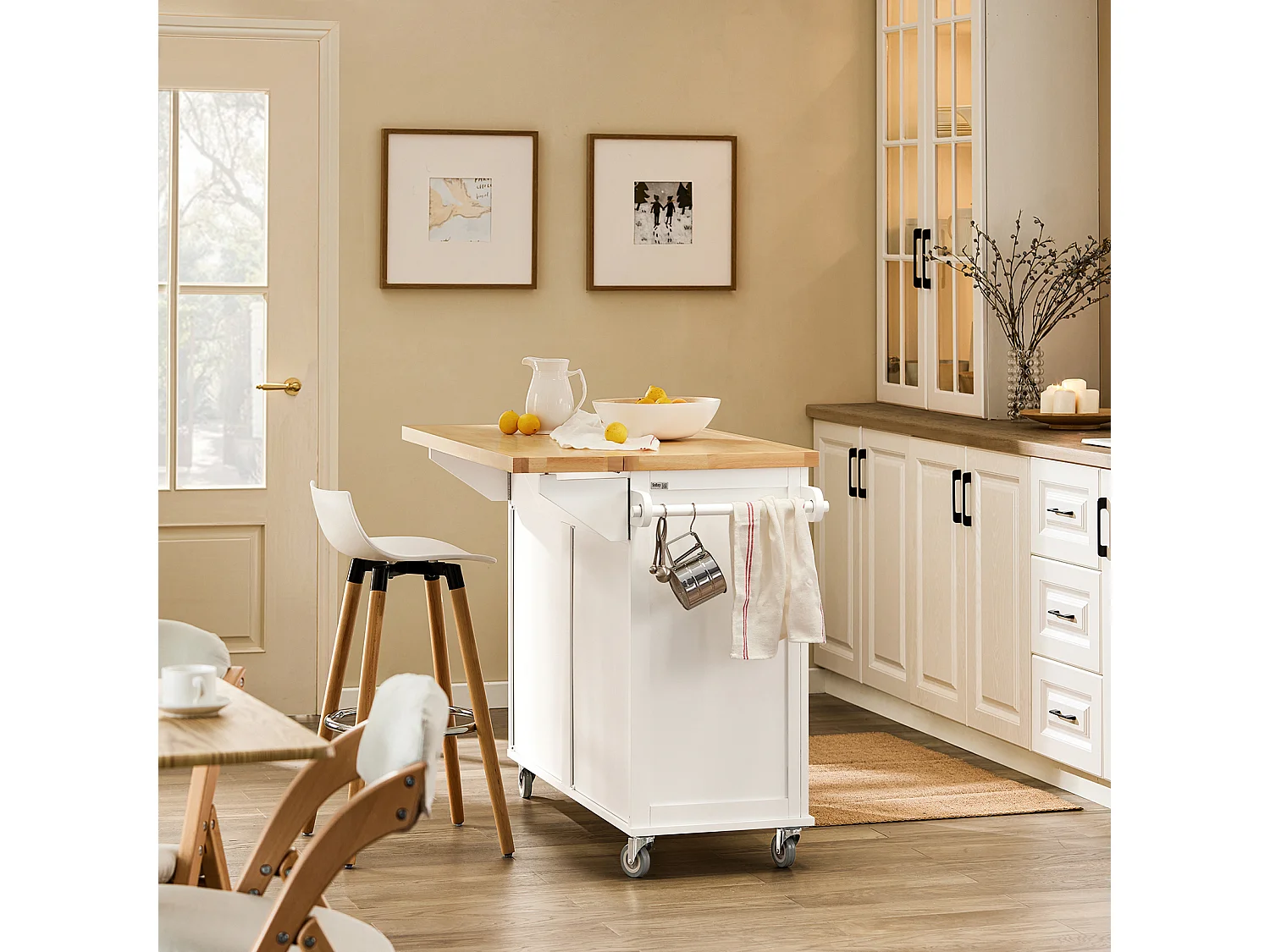 SoBuy FKW84-II-WN Desserte sur roulettes Meuble de Cuisine de Service Roulant avec Plans de Travail Rabattable - Grande Armoire de Rangement