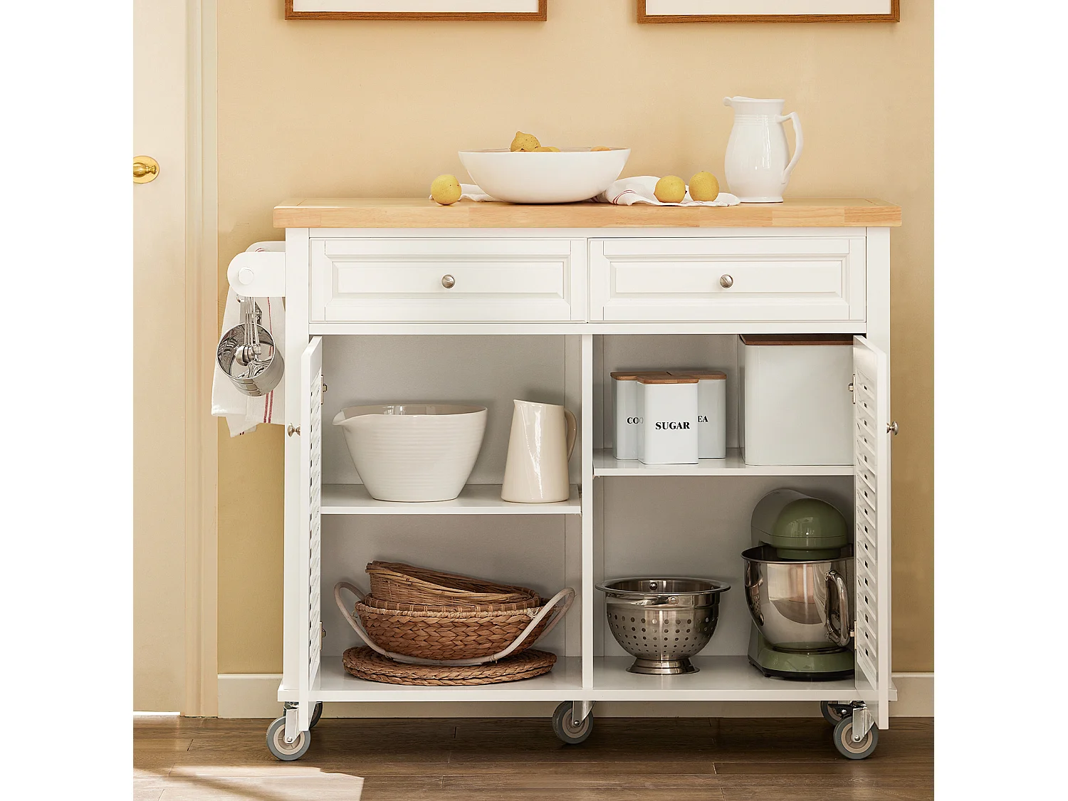 SoBuy FKW84-II-WN Desserte sur roulettes Meuble de Cuisine de Service Roulant avec Plans de Travail Rabattable - Grande Armoire de Rangement