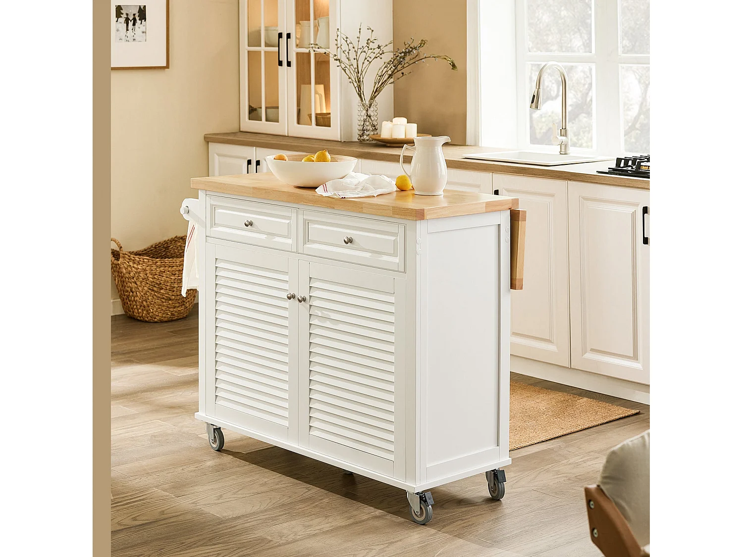 SoBuy FKW84-II-WN Desserte sur roulettes Meuble de Cuisine de Service Roulant avec Plans de Travail Rabattable - Grande Armoire de Rangement