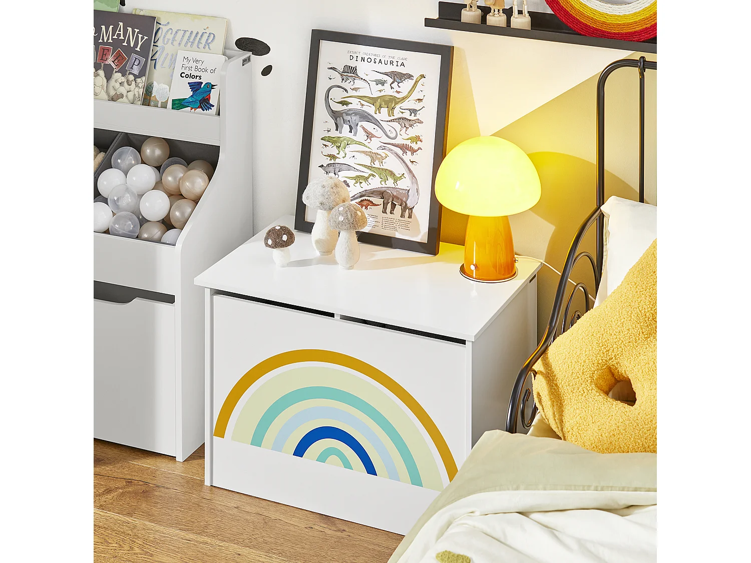 Coffre à Jouets pour Enfants, Boîte à Jouets avec Couvercle Rabattable, Motif arc-en-ciel, KMB70-W
