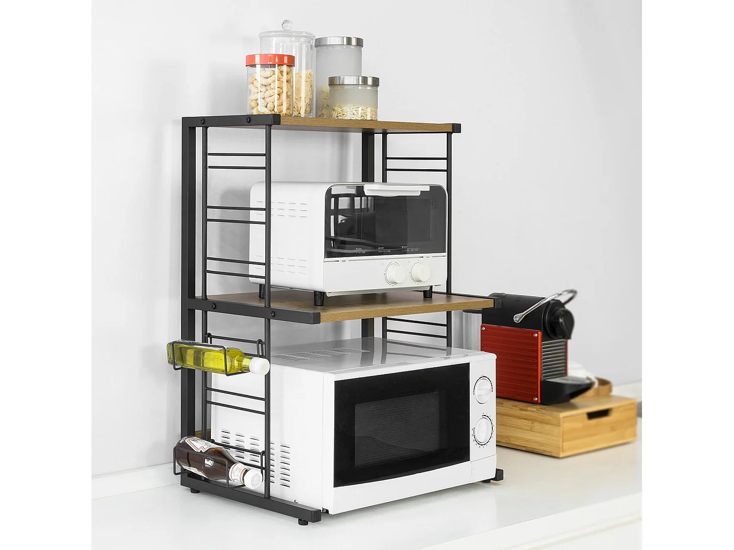 SoBuy KCR08-PF Keuken Magnetron Planken Dubbel Magnetron Rek Magnetron Plank 2 Tier Keuken Plank, Ijzeren Frame, Max Belasting 40kg