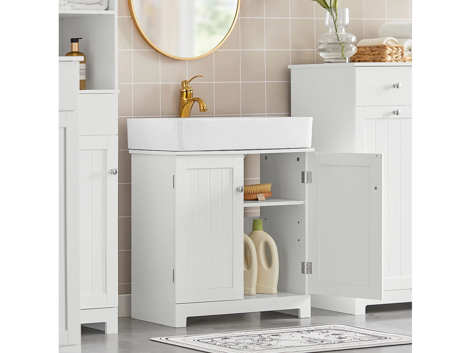 Meuble sous-Lavabo à 2 étages et 2 Portes Meuble de Rangement de Salle de Bain, BZR18-II-W