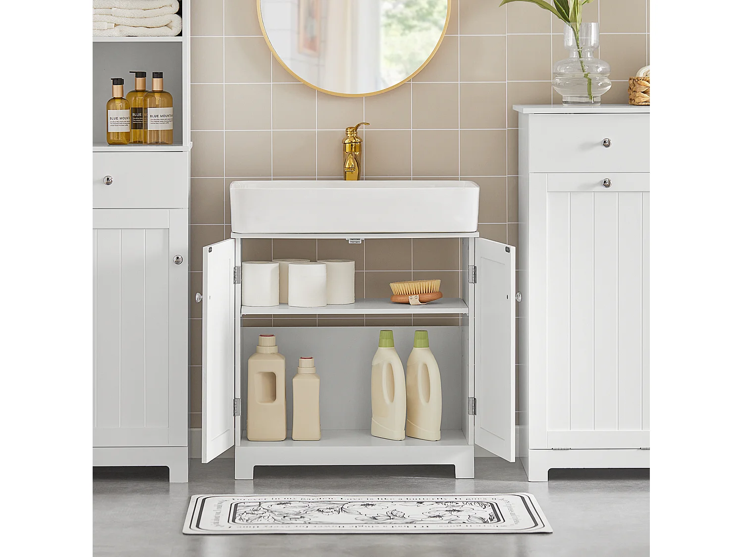 Meuble sous-Lavabo à 2 étages et 2 Portes Meuble de Rangement de Salle de Bain, BZR18-II-W