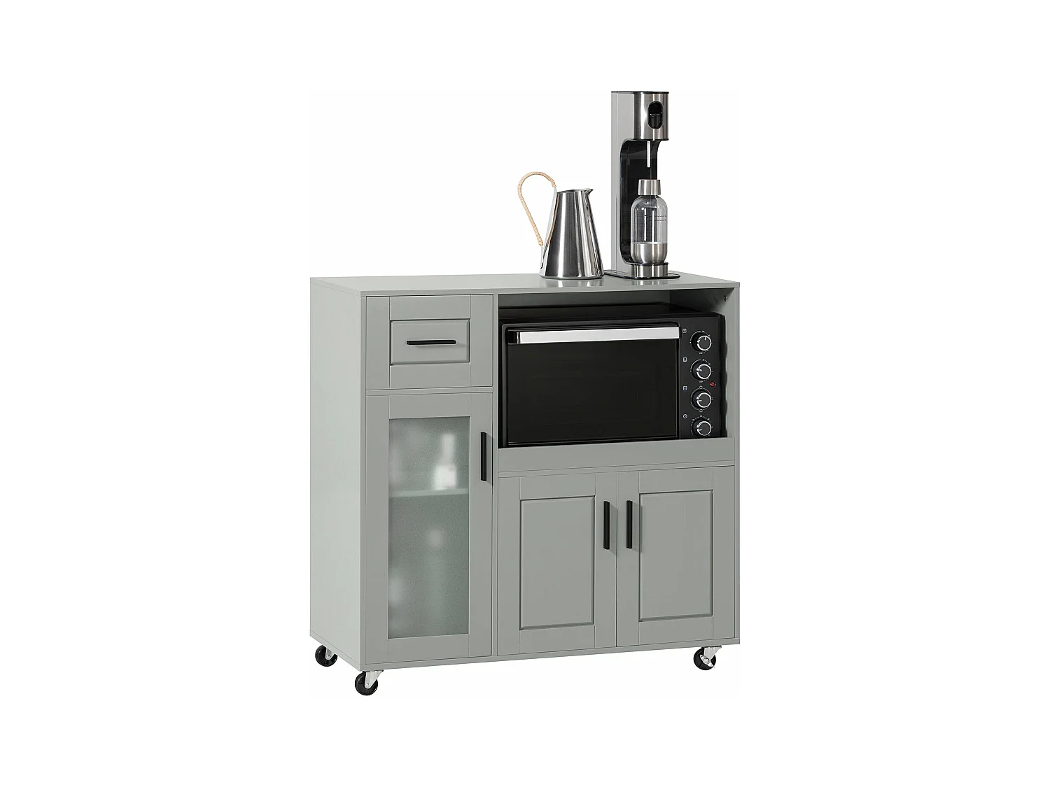Meuble Micro-Ondes Buffet Commode sur roulettes avec 3 Portes, 1 Tiroir, 1 Compartiment, FSB78-HG