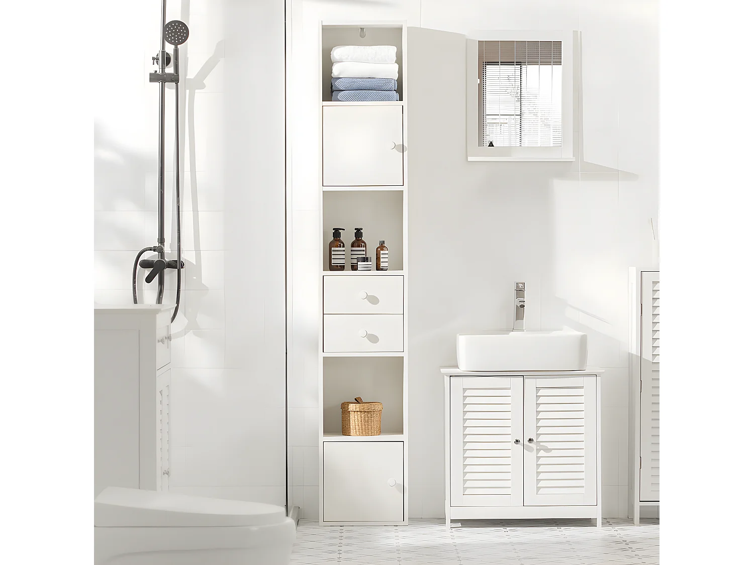 Mueble Columna de Baño Armario de Almacenamiento Armario Independiente con 2 Puertas y 2 Cajones Blanco 33x24x188cm STR10-W SoBuy ES
