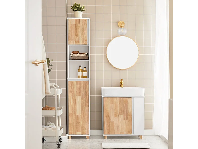 Meuble Colonne de Salle De Bain, Placard de Rangement 2 Niches 1 Porte et 1 Panier à Linge, BZR74-W