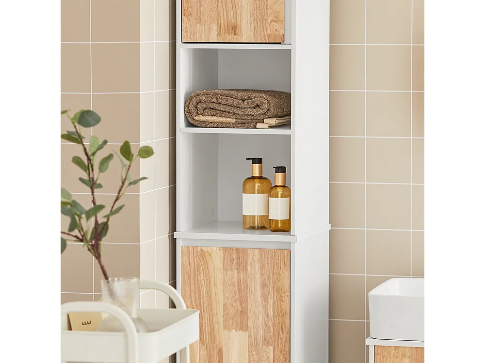 Meuble Colonne de Salle De Bain, Placard de Rangement 2 Niches 1 Porte et 1 Panier à Linge, BZR74-W