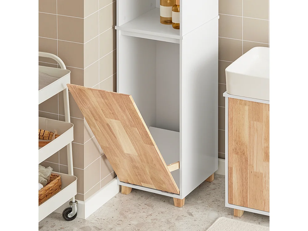 Meuble Colonne de Salle De Bain, Placard de Rangement 2 Niches 1 Porte et 1 Panier à Linge, BZR74-W