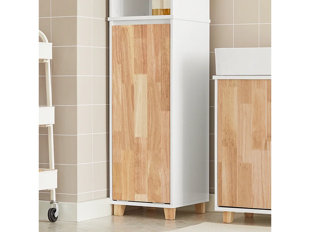 Meuble Colonne de Salle De Bain, Placard de Rangement 2 Niches 1 Porte et 1 Panier à Linge, BZR74-W