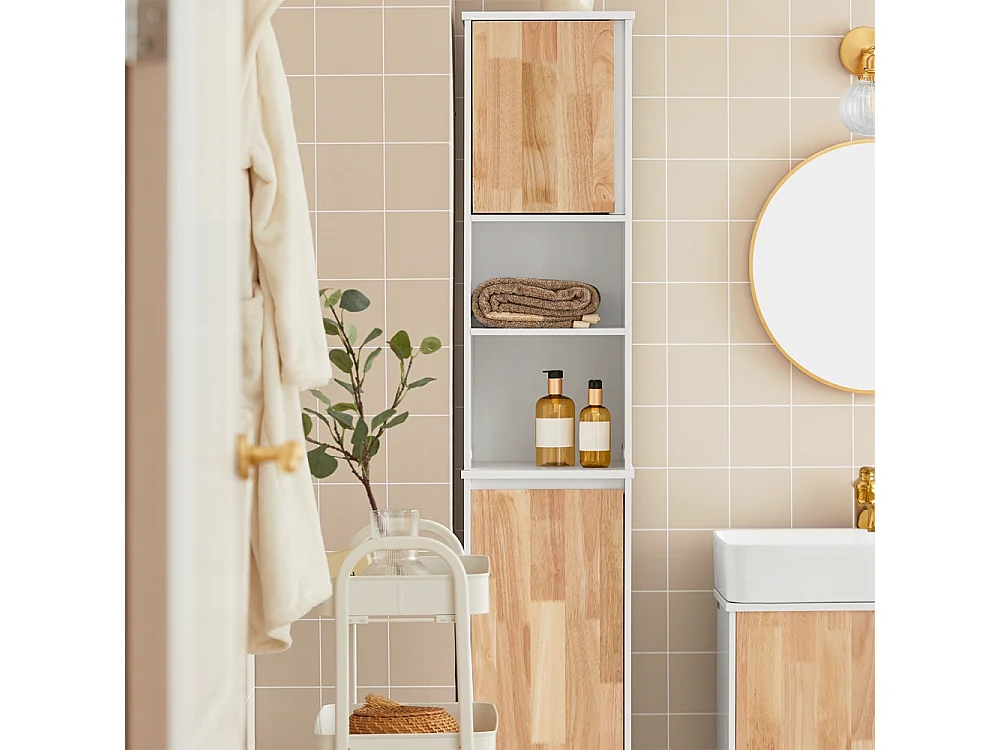 Meuble Colonne de Salle De Bain, Placard de Rangement 2 Niches 1 Porte et 1 Panier à Linge, BZR74-W