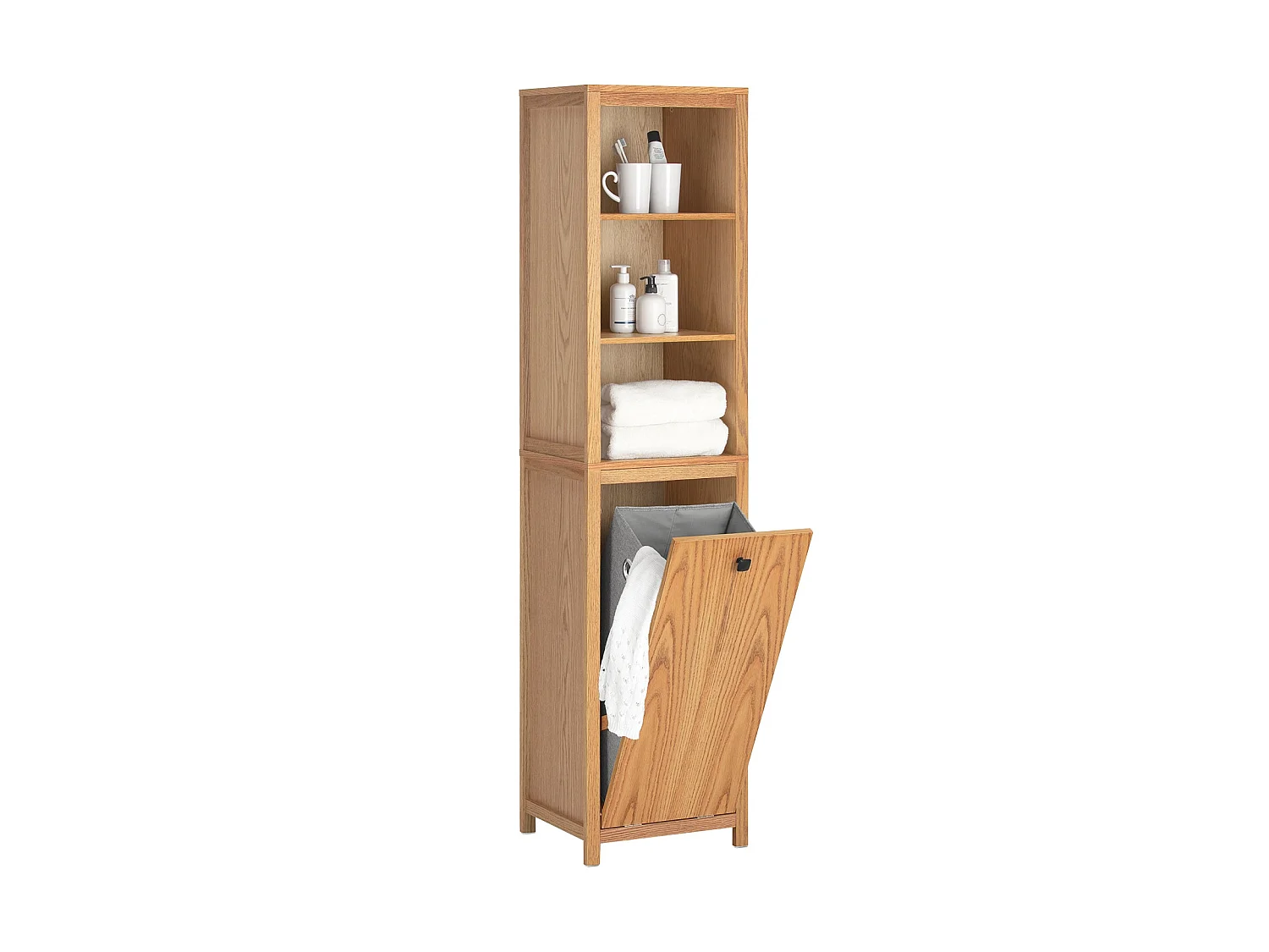 Meuble Colonne de Salle de Bain avec 1 Panier à Linge et 3 Étagères, BZR95-N