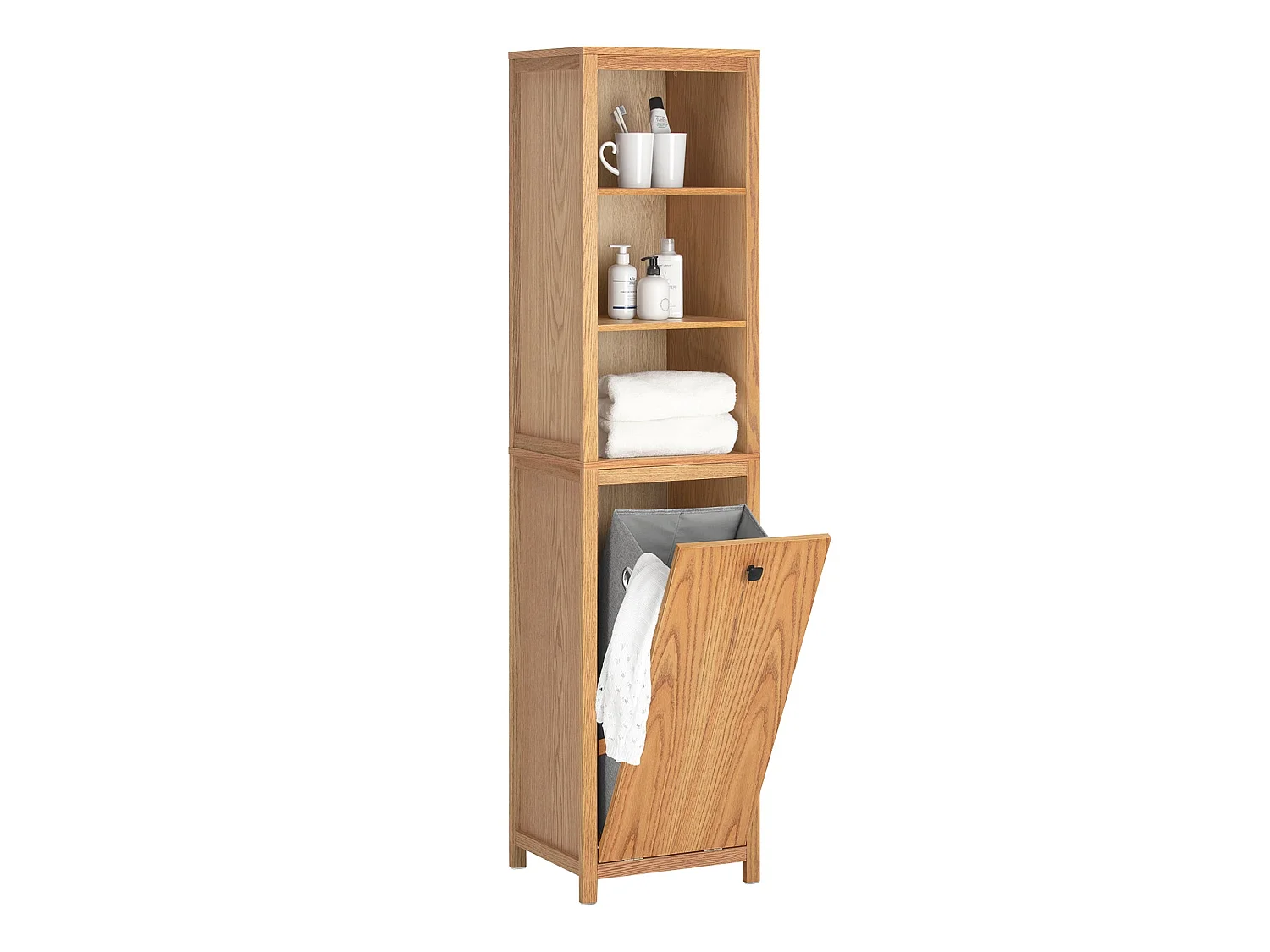 Meuble Colonne de Salle de Bain avec 1 Panier à Linge et 3 Étagères, BZR95-N