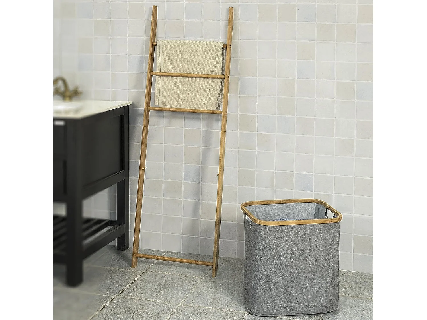 SoBuy Regał drabinkowy z koszem na pranie FRG263-N