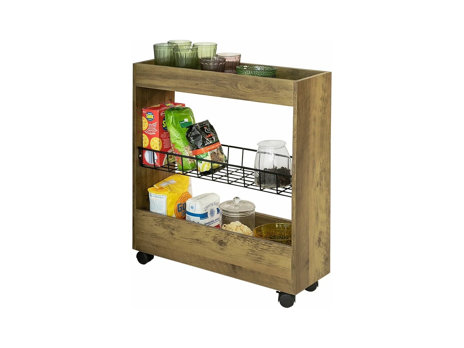 Chariot de Rangement Mobile sur 3 Niveaux Étagère de Niche à Roulettes en Bois et métal, BZR46-N