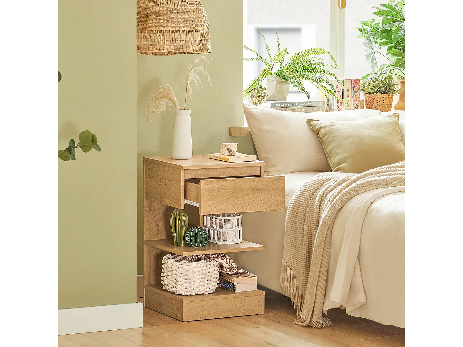Table de Chevet Table de Nuit Table d’Appoint Bout de Canapé avec 1 tiroir et 2 étagères, FBT49-N