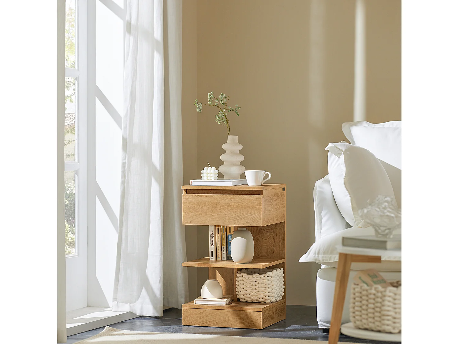 Table de Chevet Table de Nuit Table d’Appoint Bout de Canapé avec 1 tiroir et 2 étagères, FBT49-N