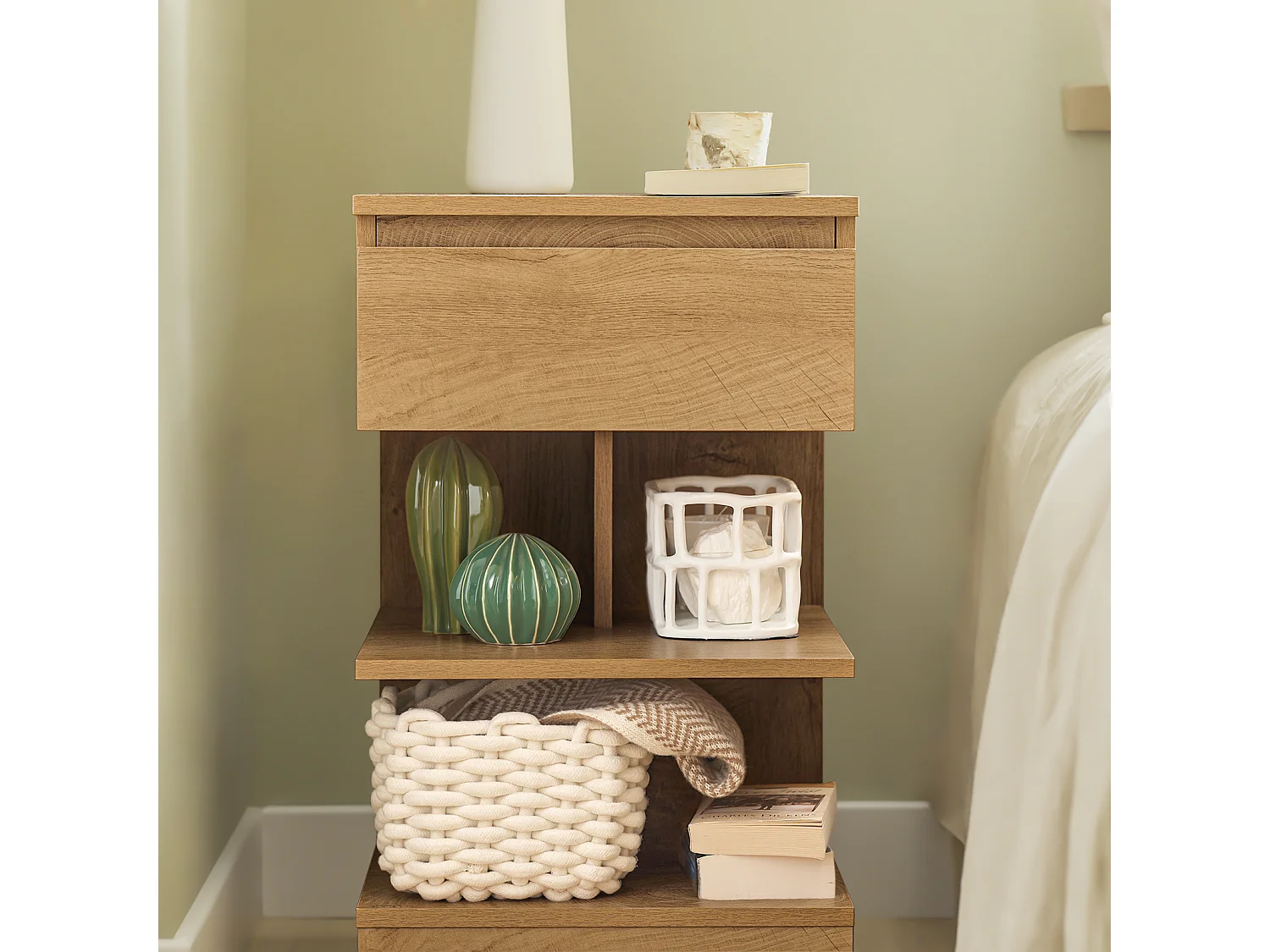 Table de Chevet Table de Nuit Table d’Appoint Bout de Canapé avec 1 tiroir et 2 étagères, FBT49-N